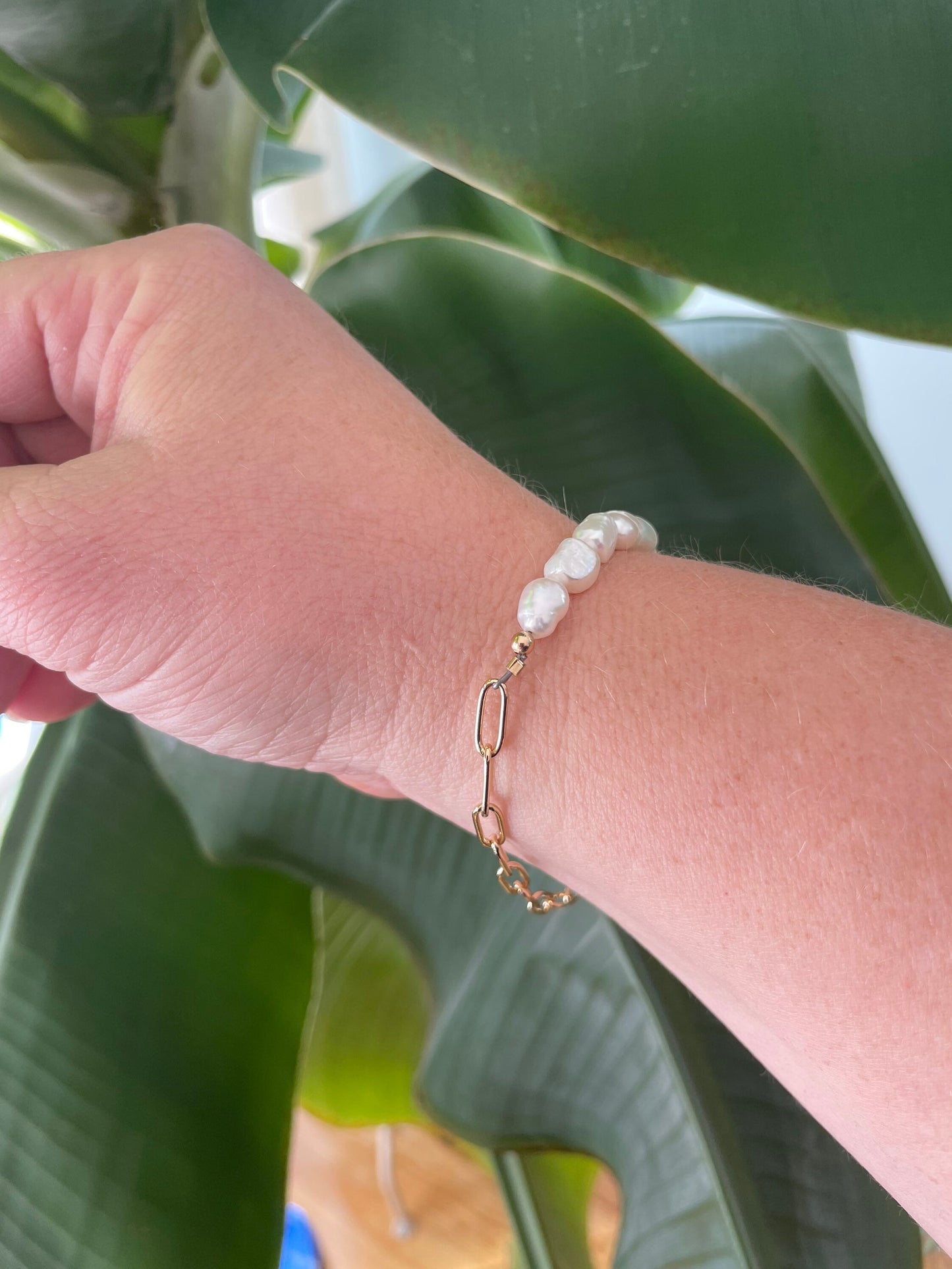 Paperclip Chain and White Pearl Bracelet