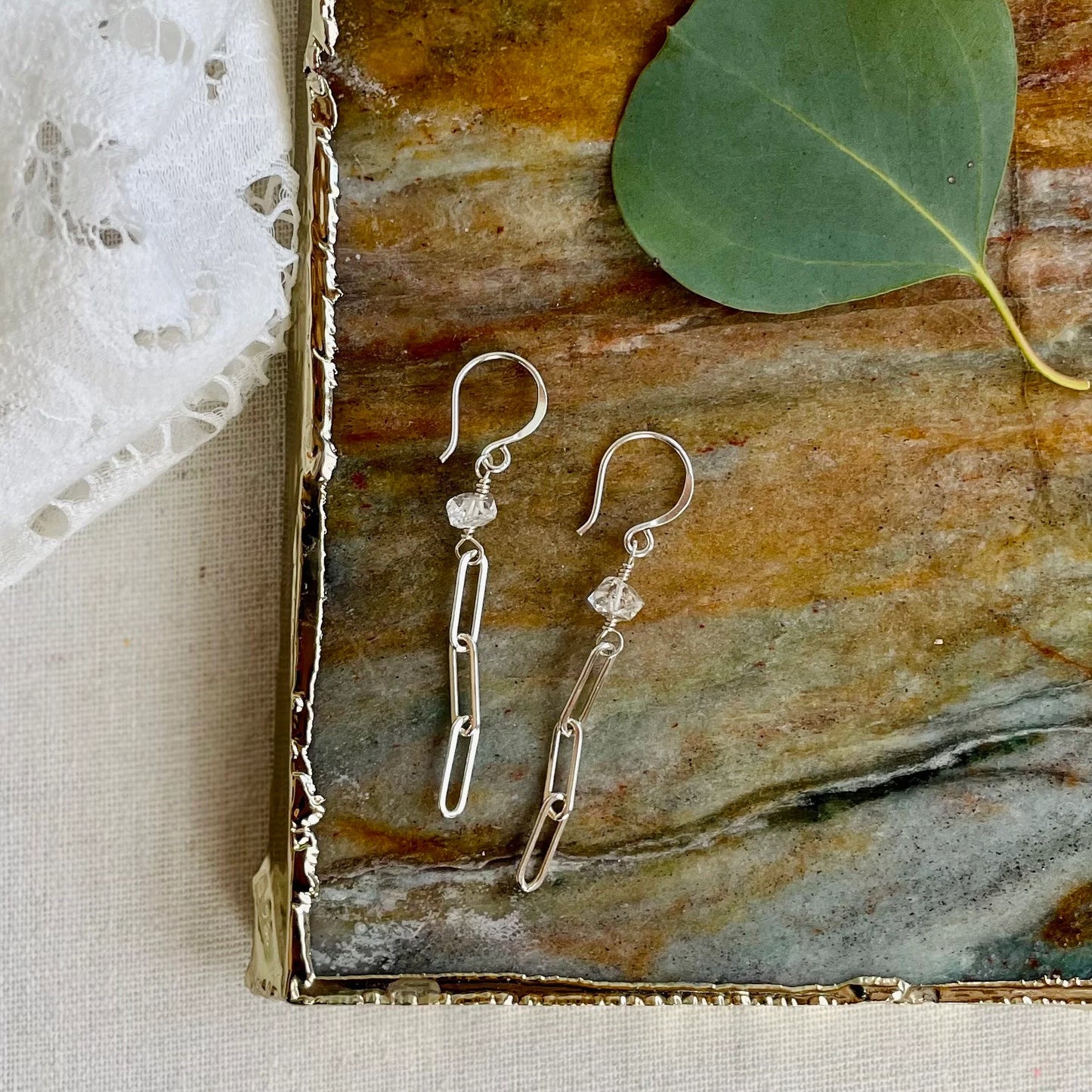 Triple Link Paperclip Chain and Herkimer Diamond Earrings