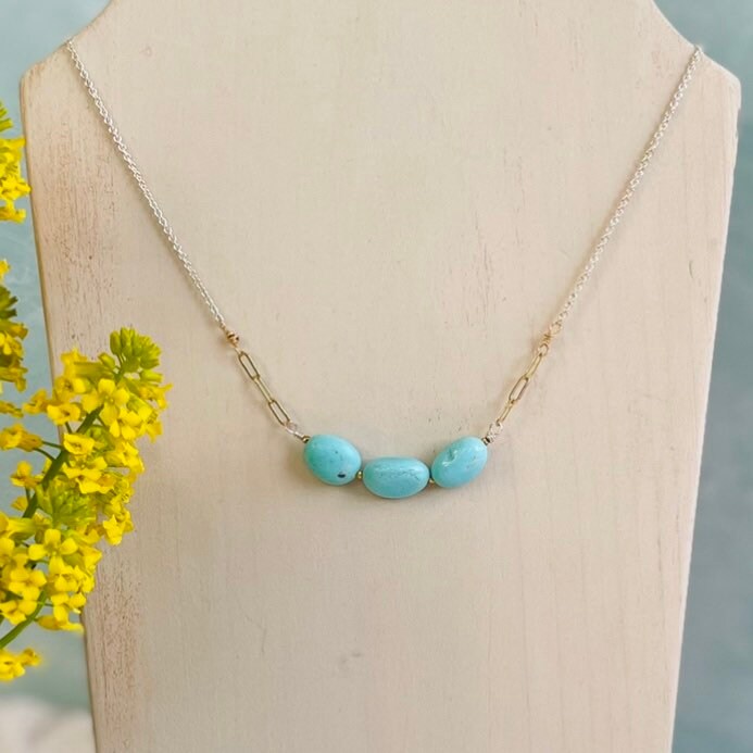 Triple Gemstone Nugget Necklace in Mixed Metals and Turquoise