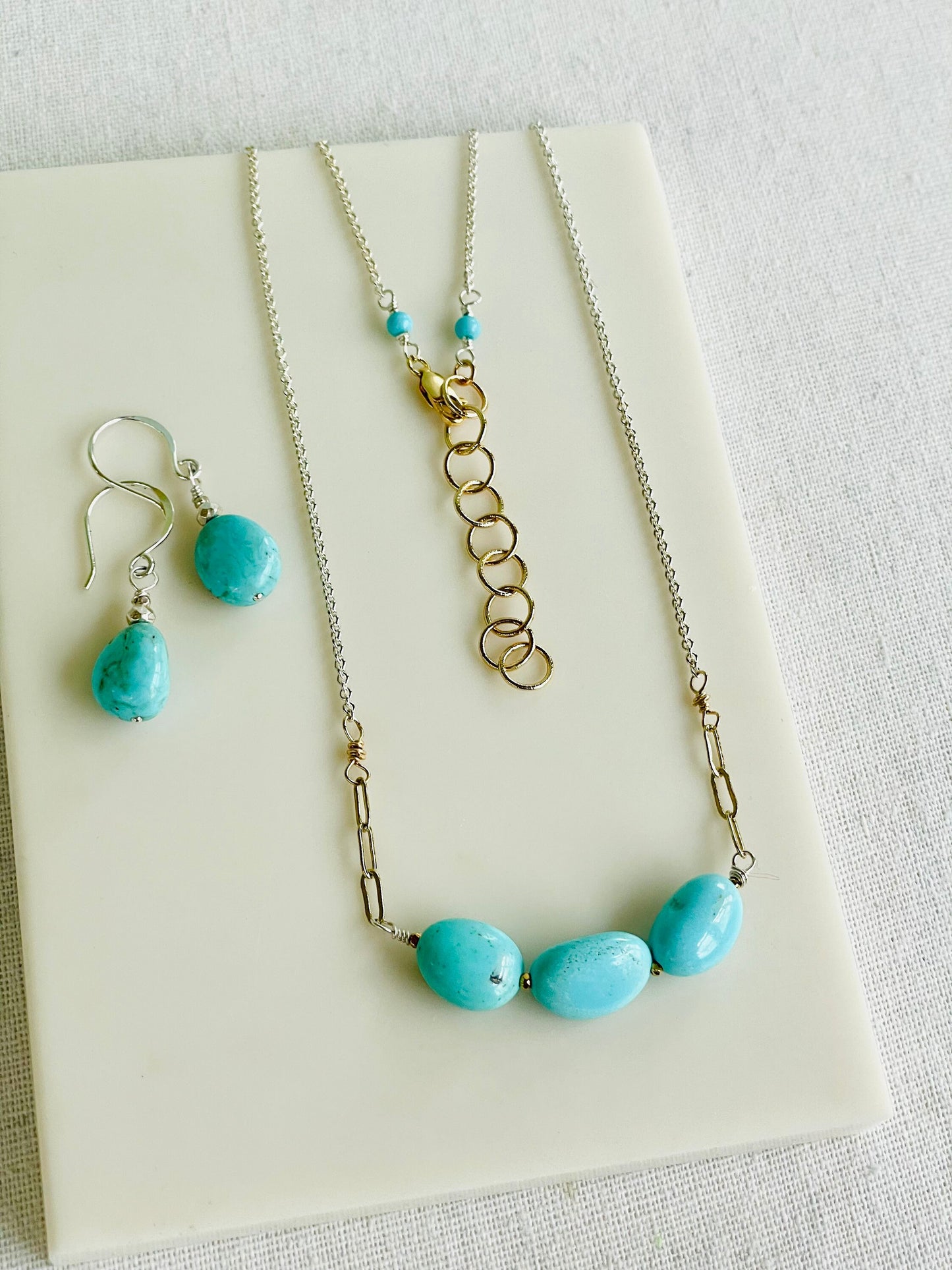 Triple Gemstone Nugget Necklace in Mixed Metals and Turquoise