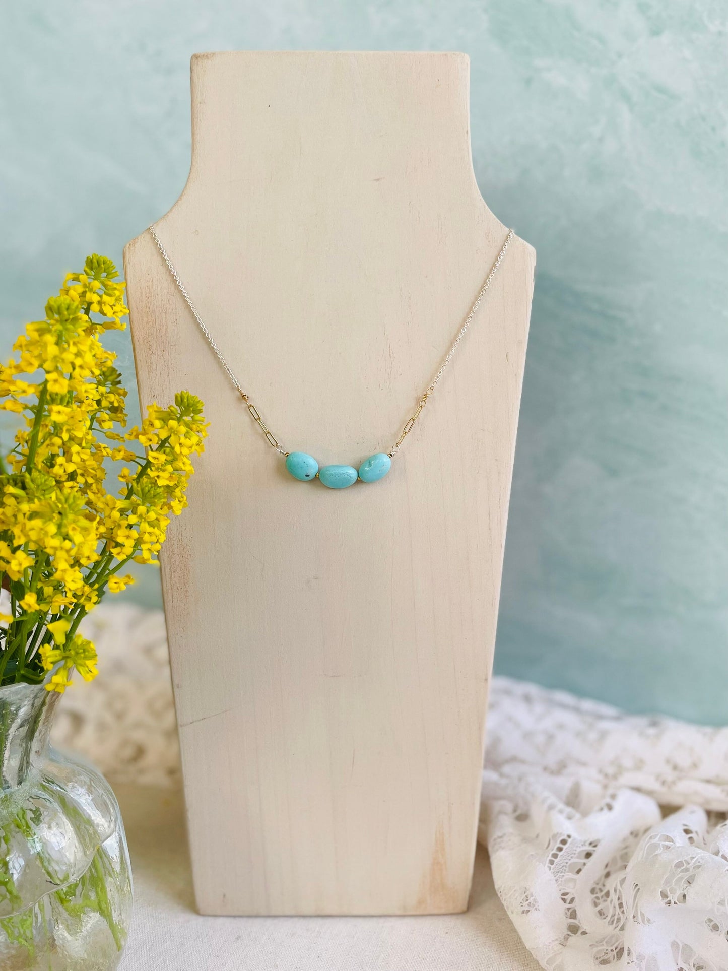 Triple Gemstone Nugget Necklace in Mixed Metals and Turquoise