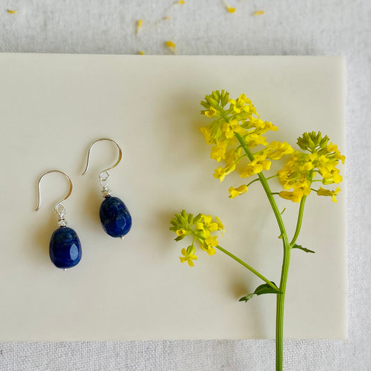 Simple Lapis Nugget Drop Earrings in Silver