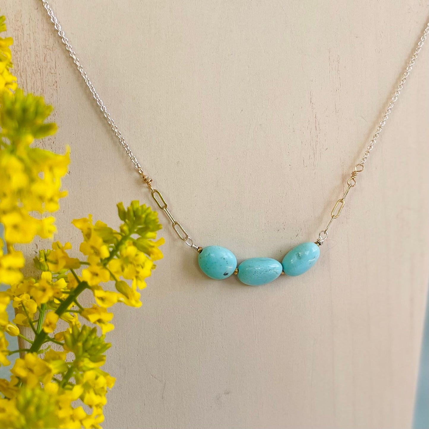 Triple Gemstone Nugget Necklace in Mixed Metals and Turquoise