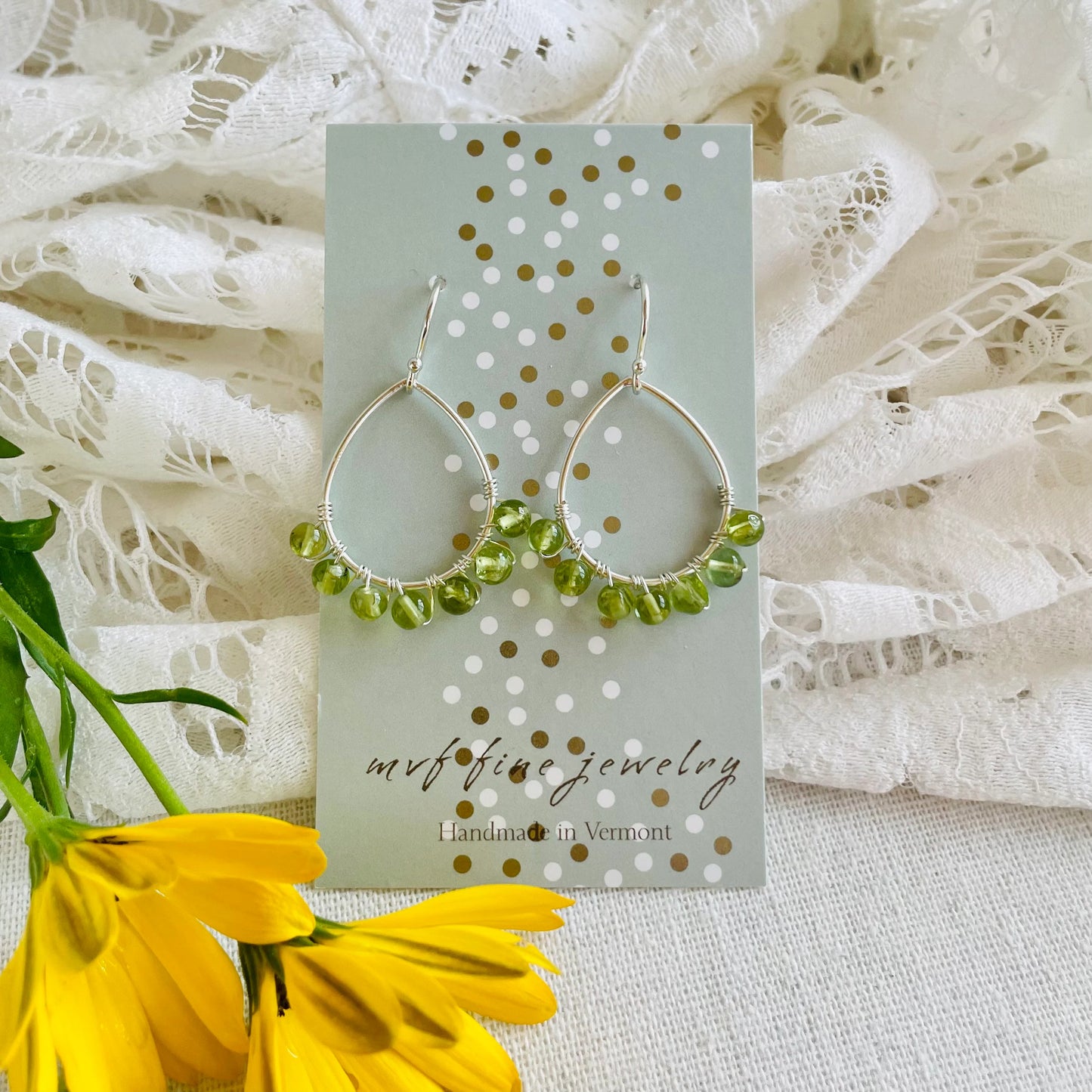 Mini Teardrop Hoop Earrings in Peridot and Silver