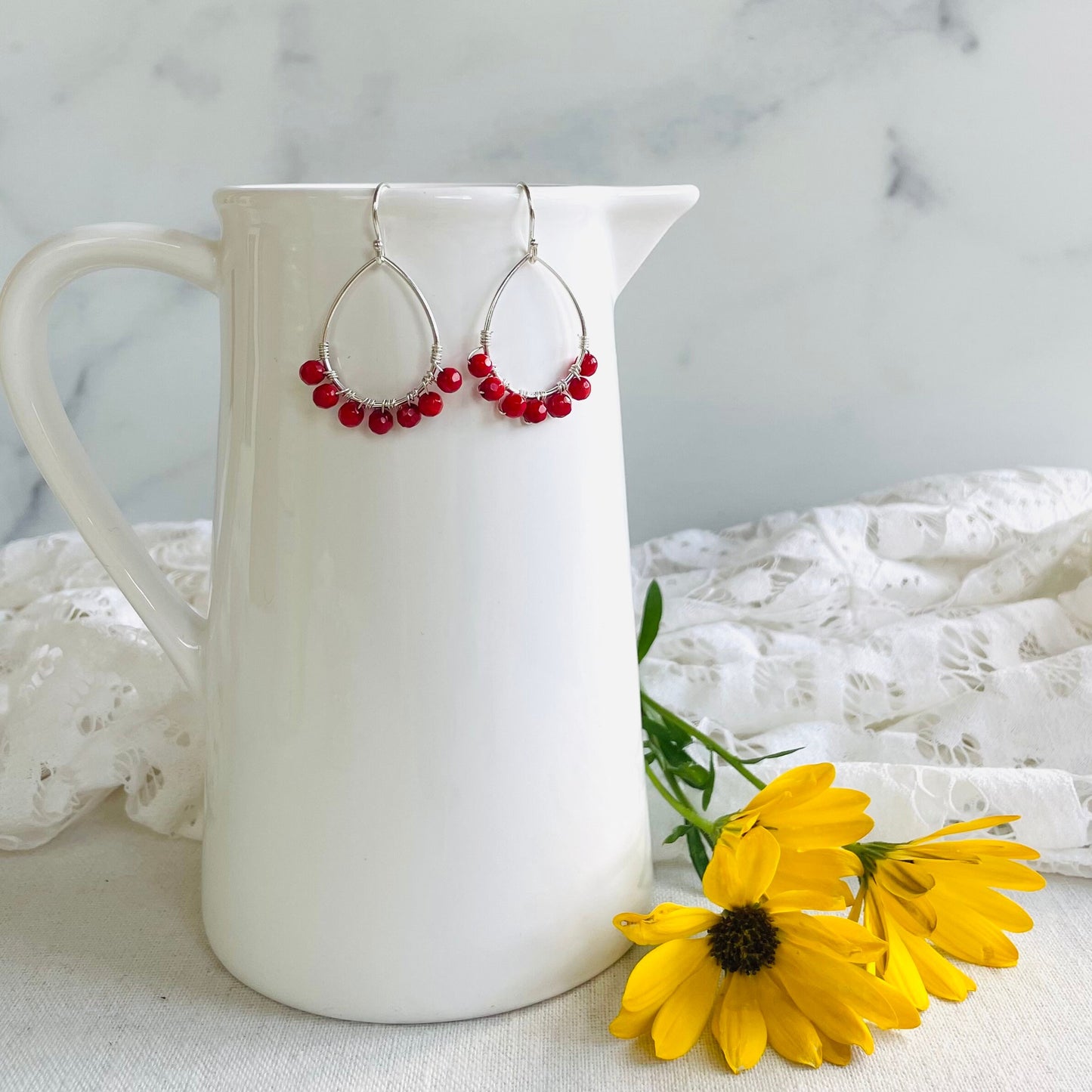 Mini Teardrop Hoop Earrings in Red Coral and Silver