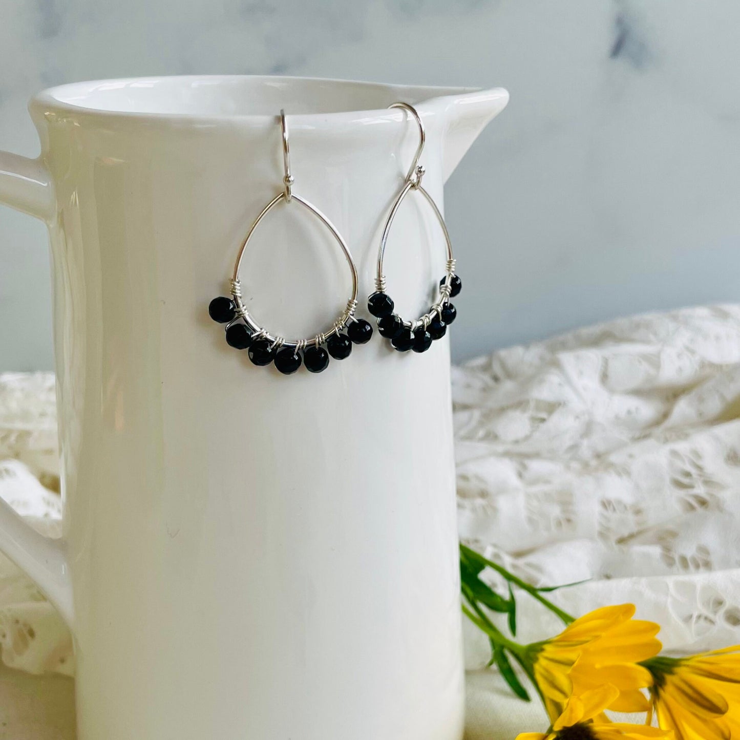 Mini Teardrop Hoop Earrings in Black Onyx and Silver