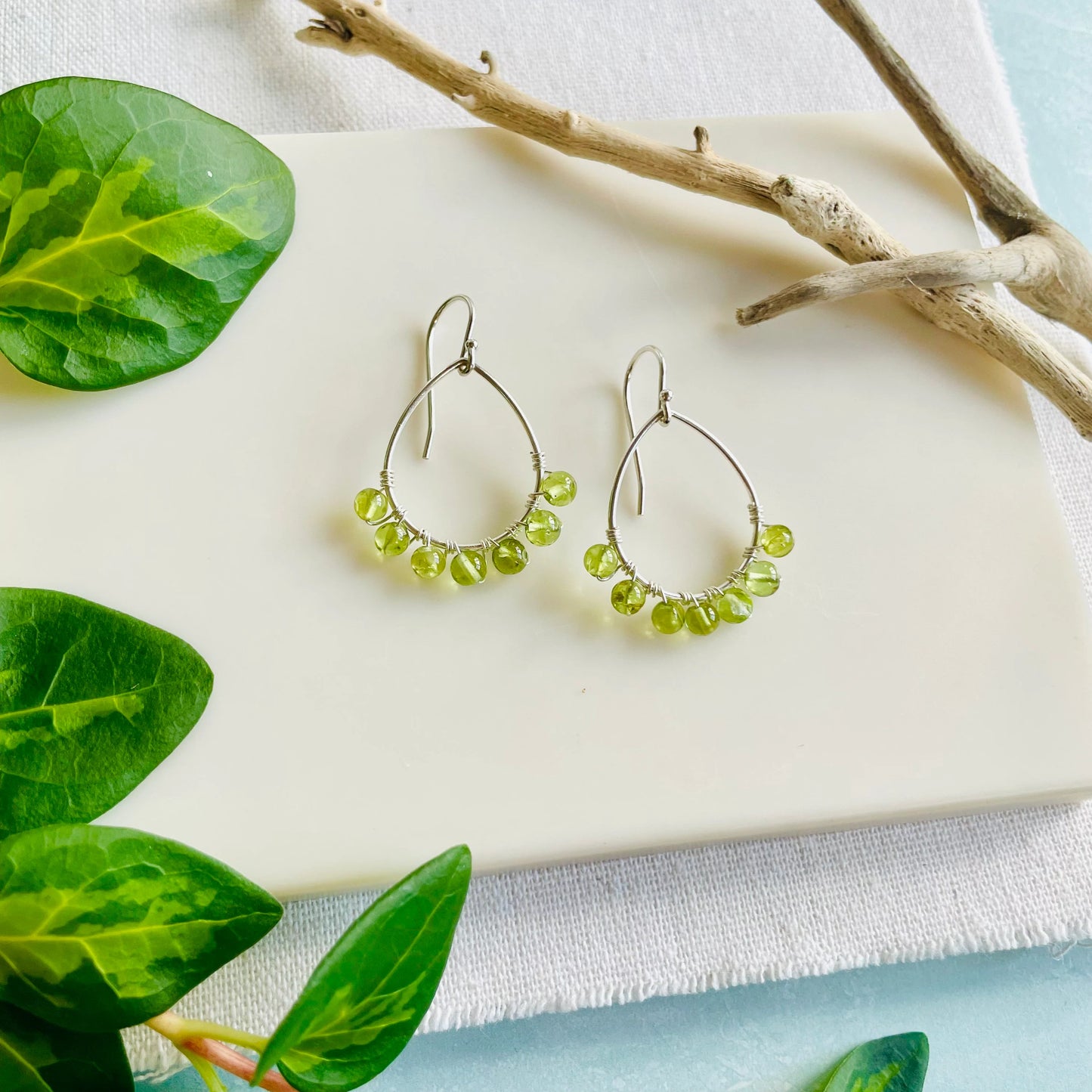 Mini Teardrop Hoop Earrings in Peridot and Silver