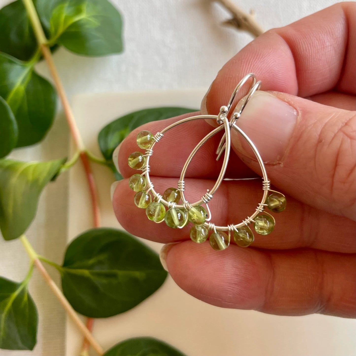 Mini Teardrop Hoop Earrings in Peridot and Silver