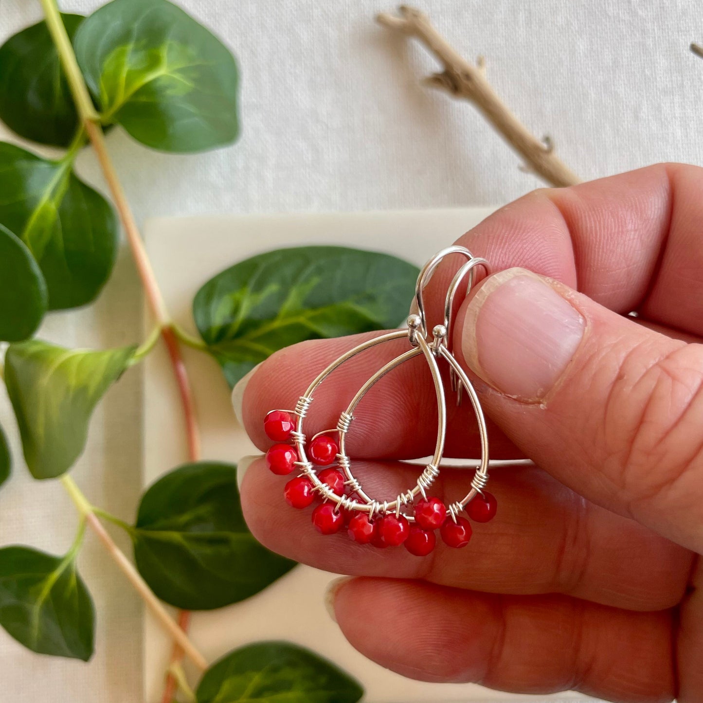 Mini Teardrop Hoop Earrings in Red Coral and Silver