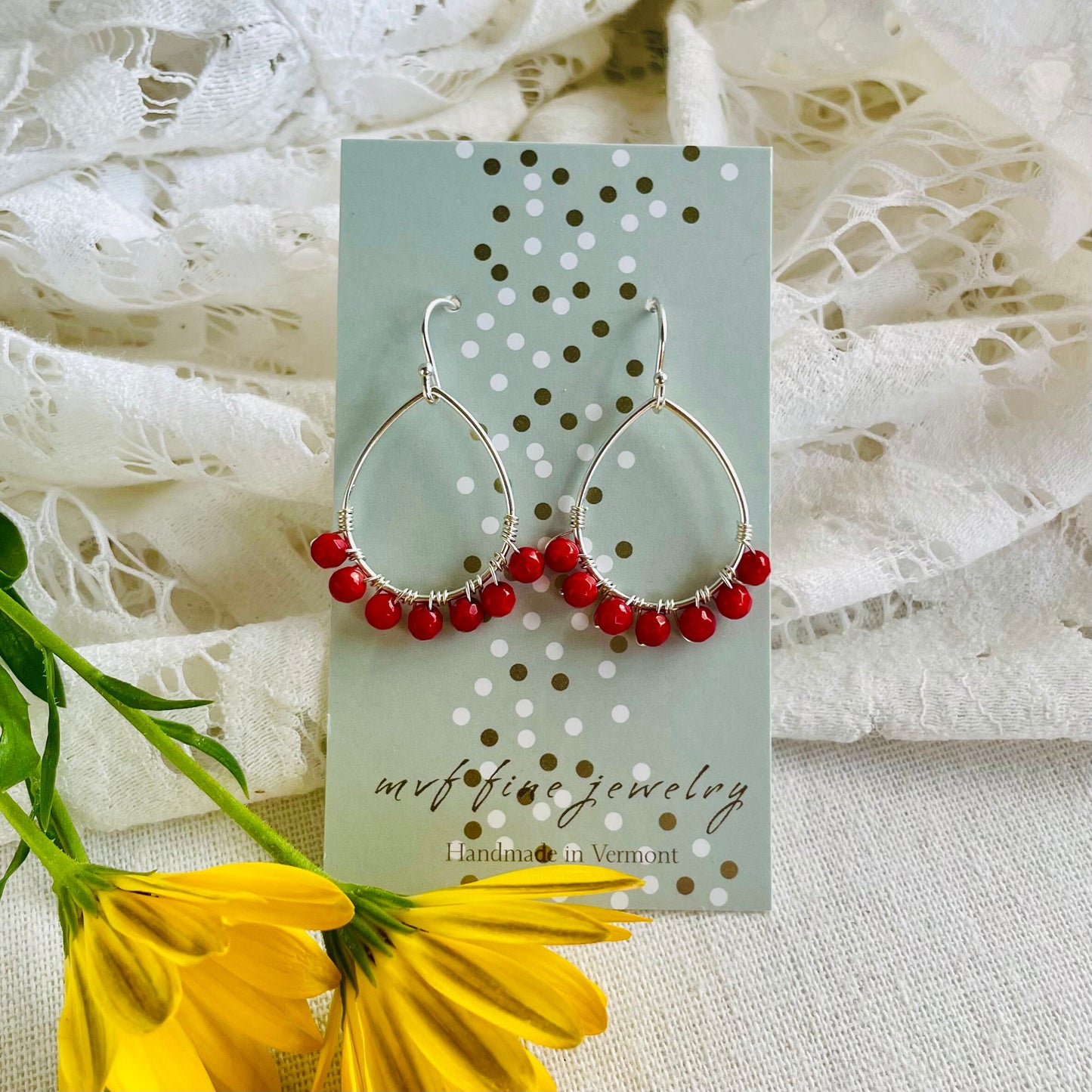 Mini Teardrop Hoop Earrings in Red Coral and Silver