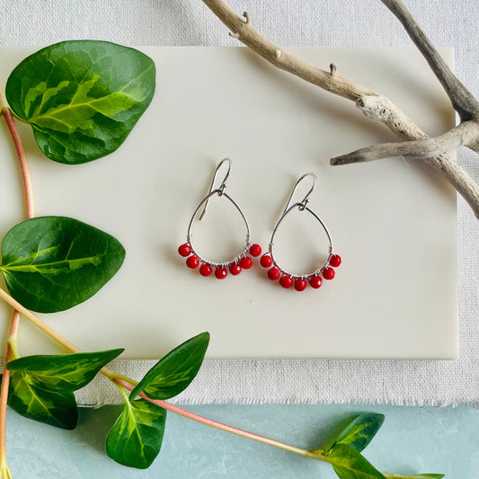 Mini Teardrop Hoop Earrings in Red Coral and Silver