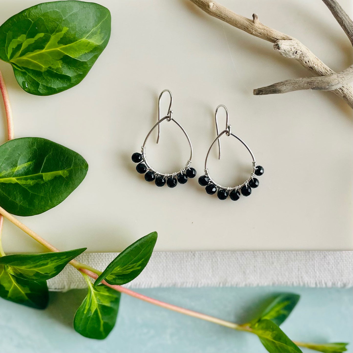 Mini Teardrop Hoop Earrings in Black Onyx and Silver