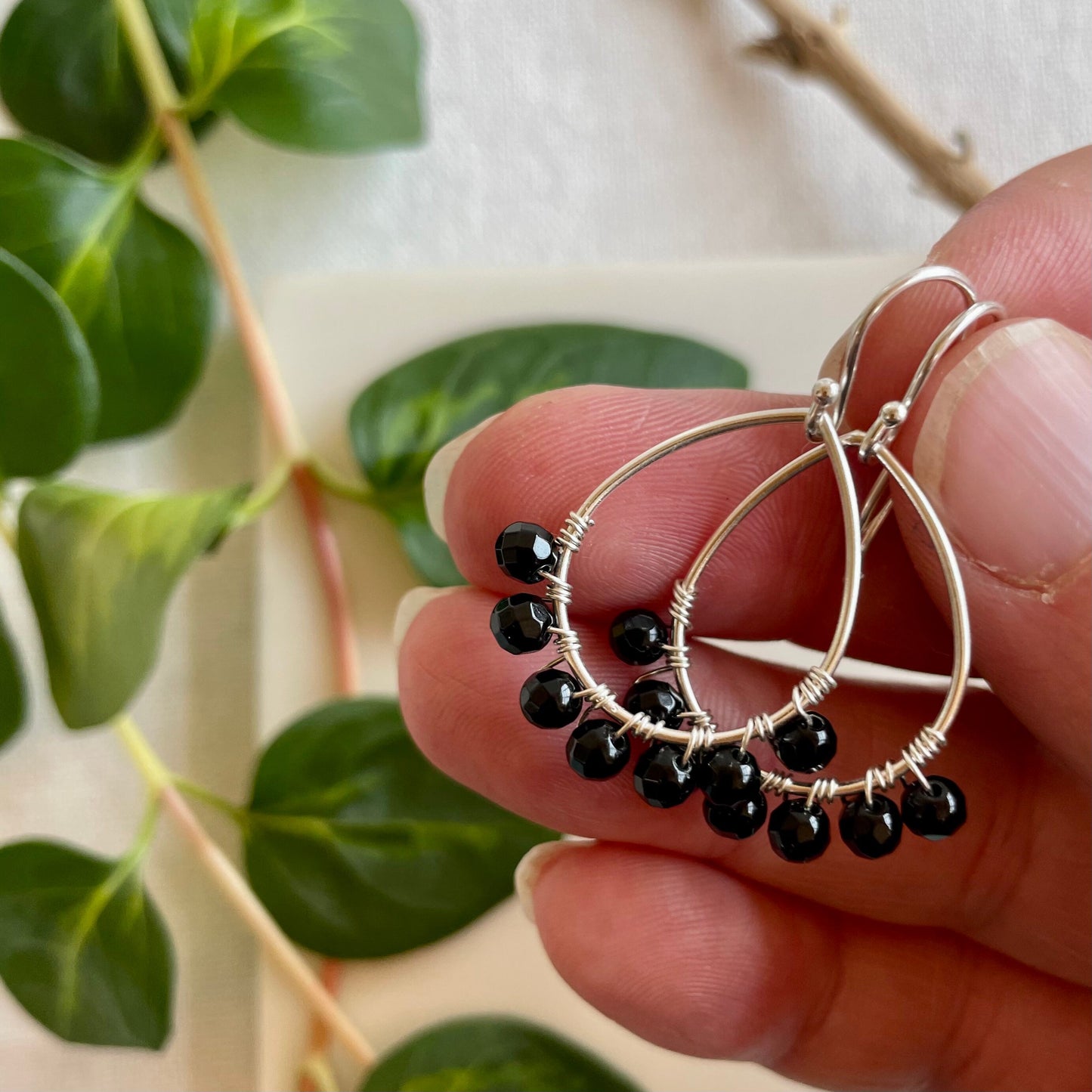 Mini Teardrop Hoop Earrings in Black Onyx and Silver