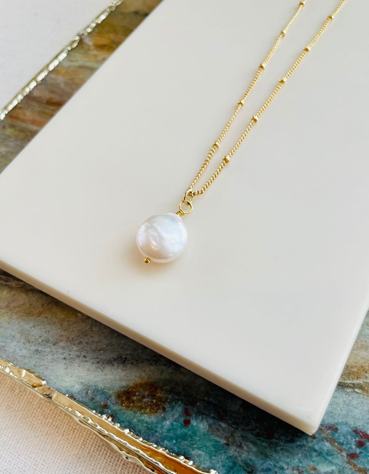 White Coin Pearl Drop Necklace on Satellite Chain