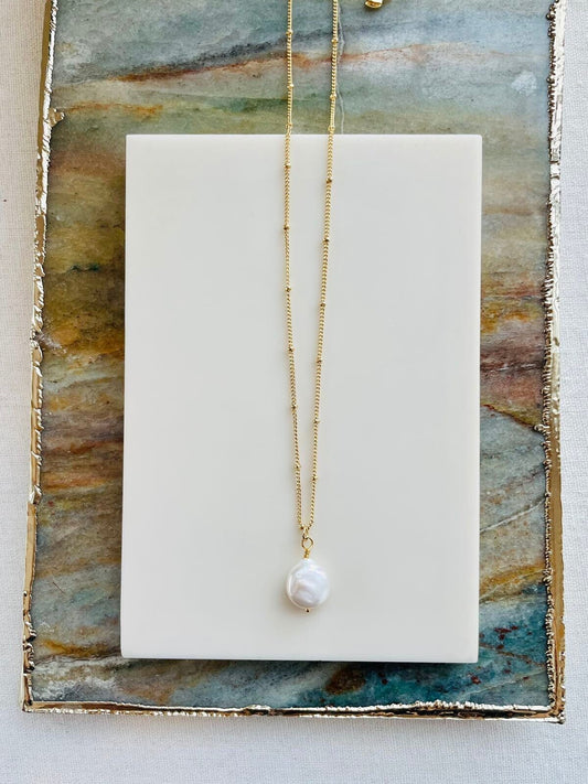 White Coin Pearl Drop Necklace on Satellite Chain