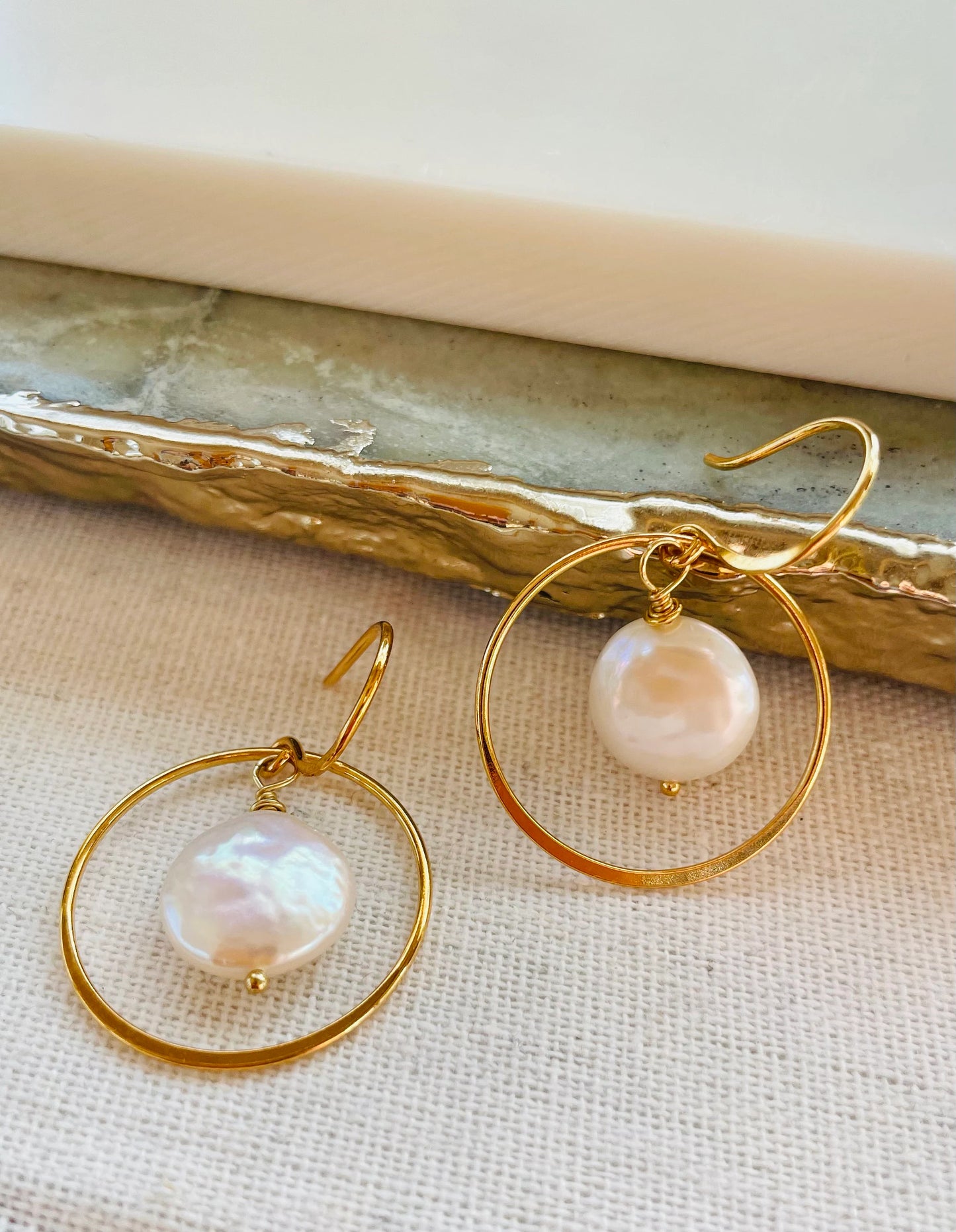 White Coin Pearl Hoop Earrings