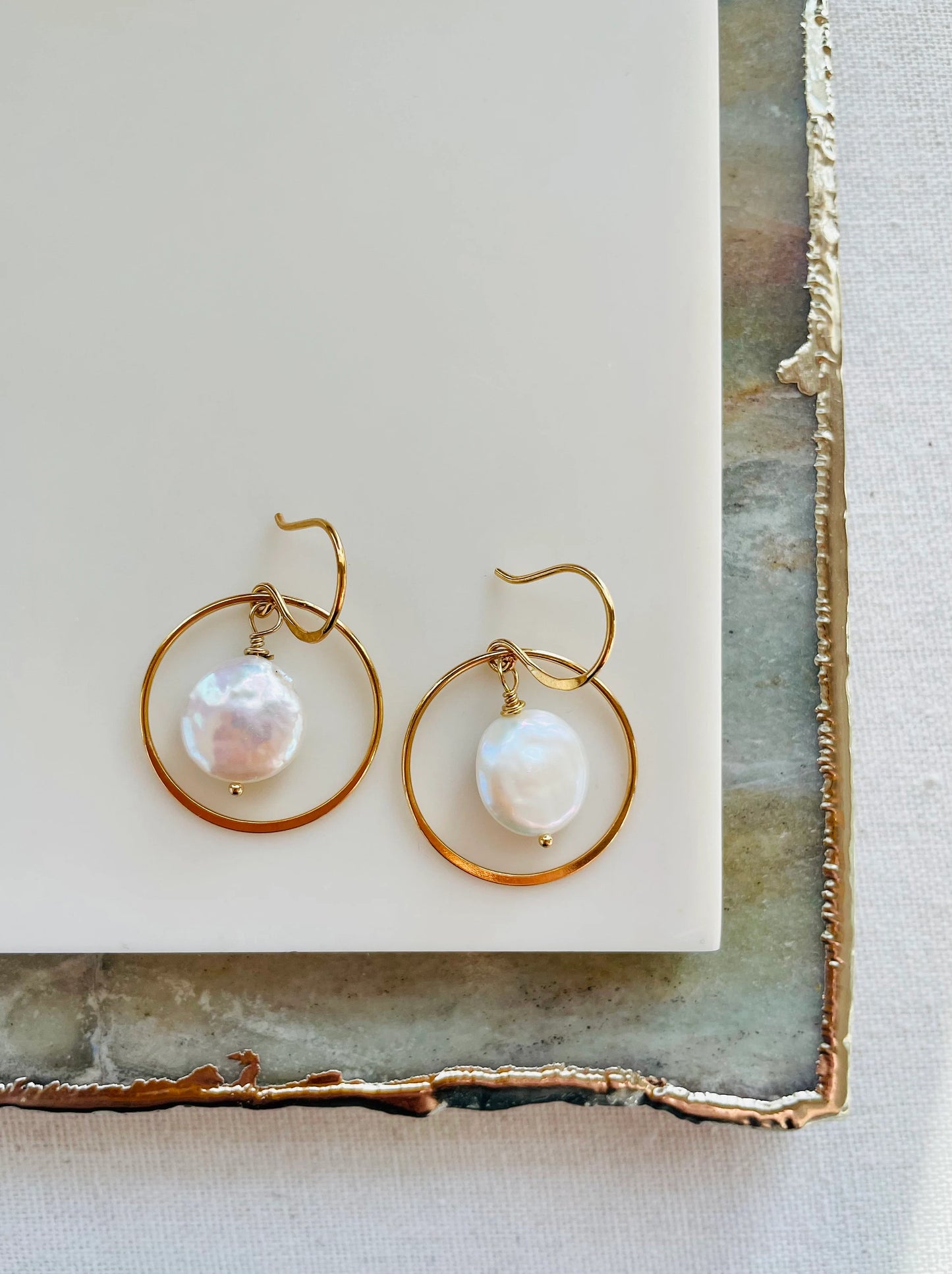 White Coin Pearl Hoop Earrings