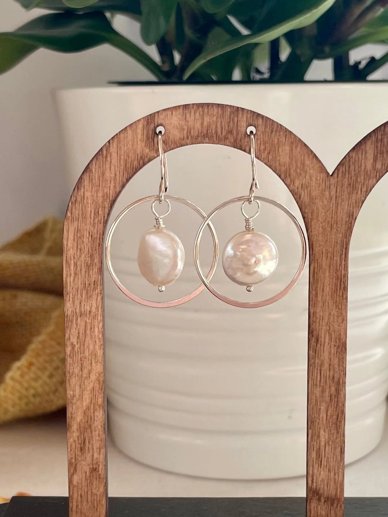 White Coin Pearl Hoop Earrings