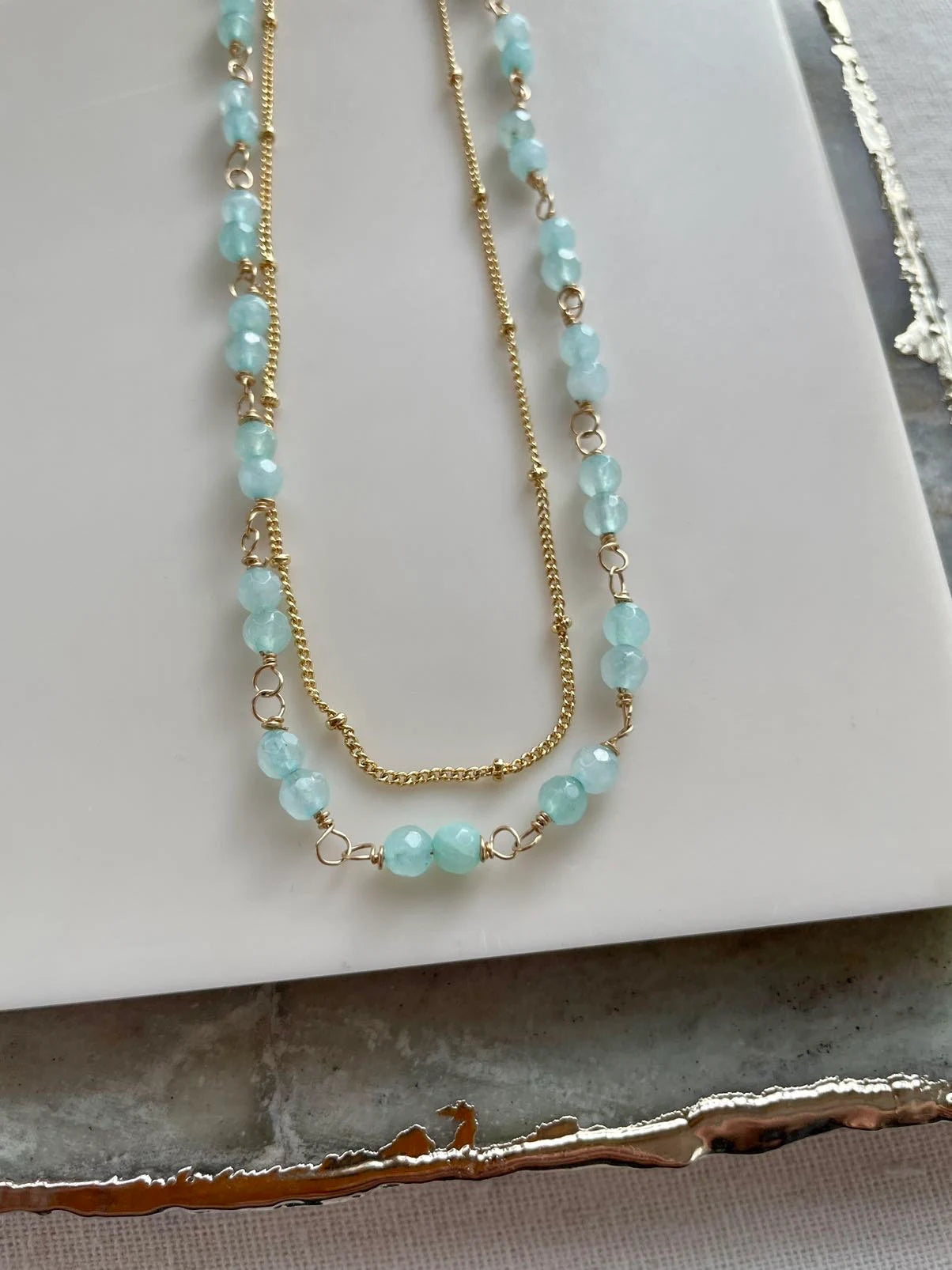 Layered Aqua Chalcedony and Gold Chain Necklace