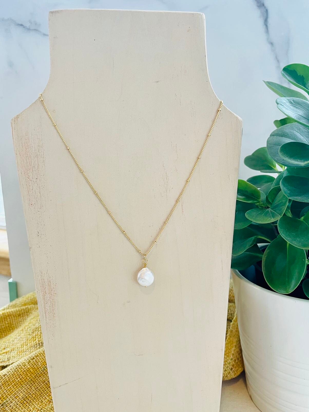 White Coin Pearl Drop Necklace on Satellite Chain