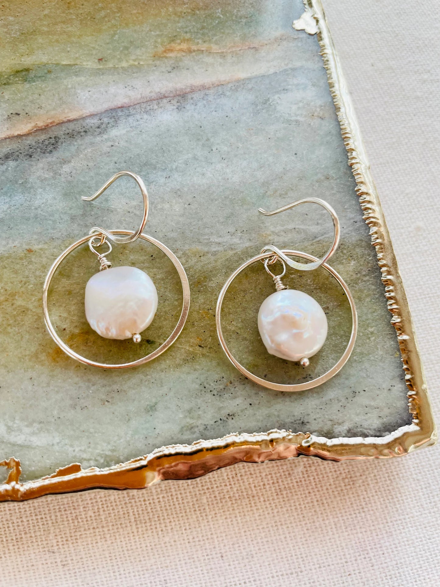 White Coin Pearl Hoop Earrings