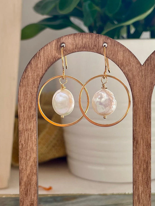 White Coin Pearl Hoop Earrings