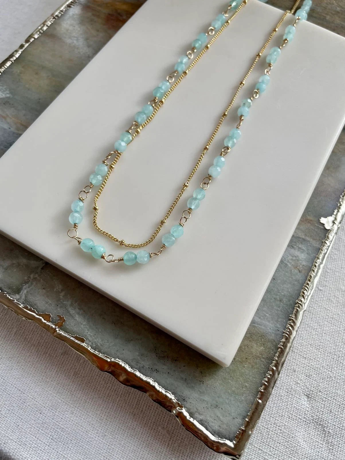 Layered Aqua Chalcedony and Gold Chain Necklace