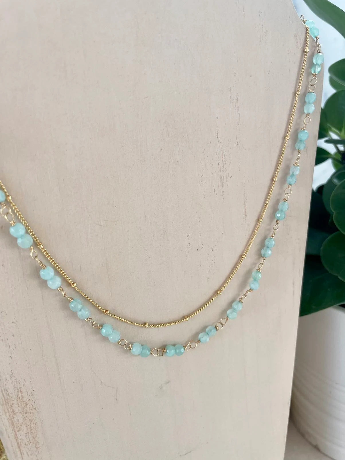 Layered Aqua Chalcedony and Gold Chain Necklace