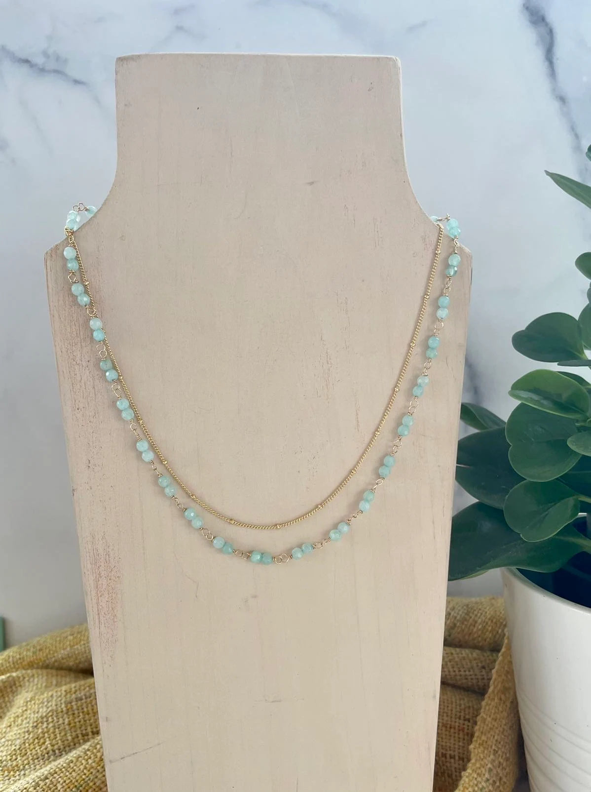 Layered Aqua Chalcedony and Gold Chain Necklace