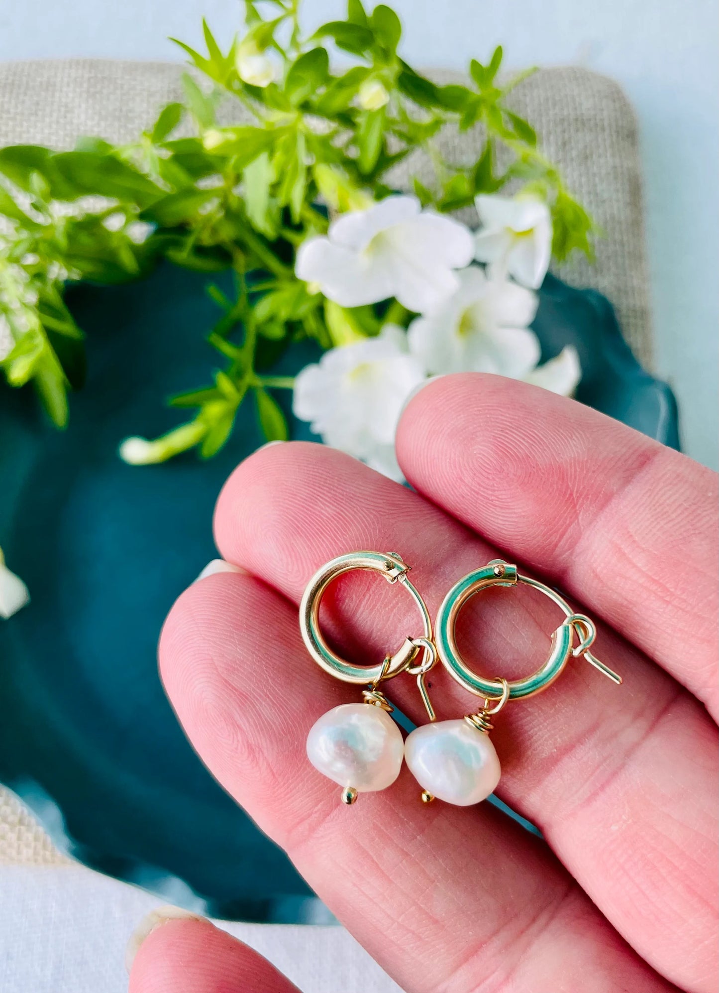 Gold Huggie Hoop Earrings with Pearl Drop