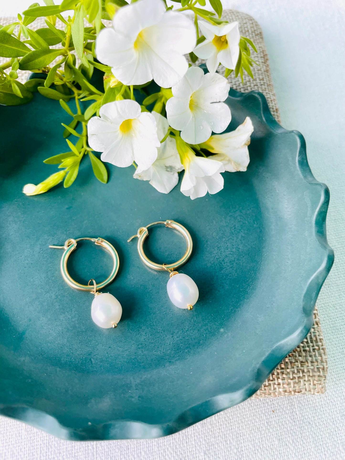 Gold Huggie Hoop Earrings with Pearl Drop