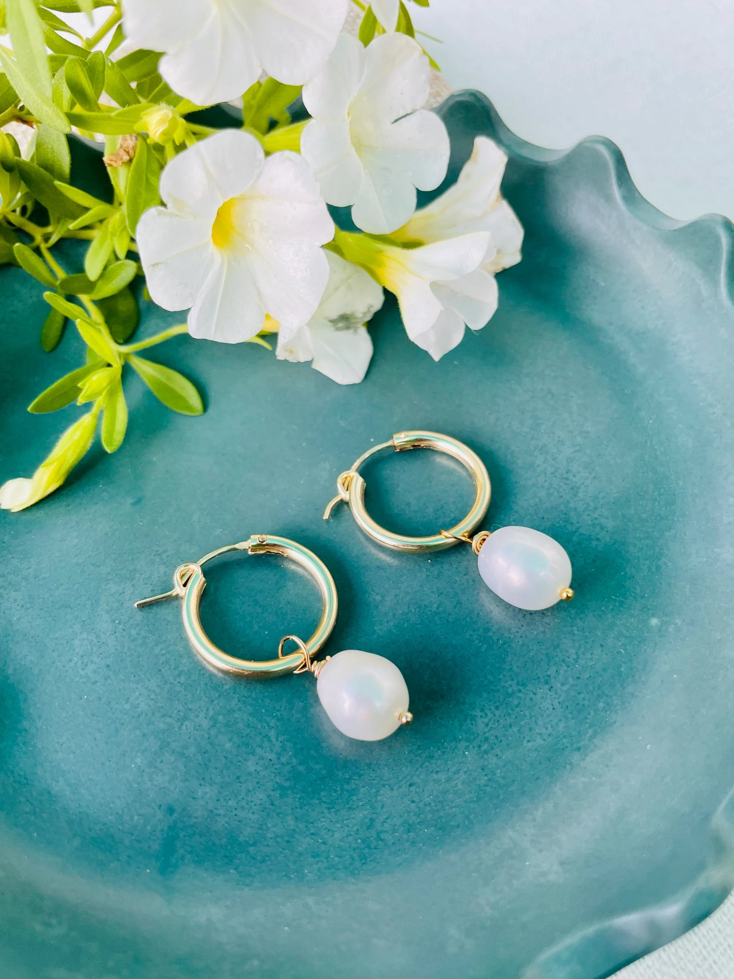 Gold Huggie Hoop Earrings with Pearl Drop