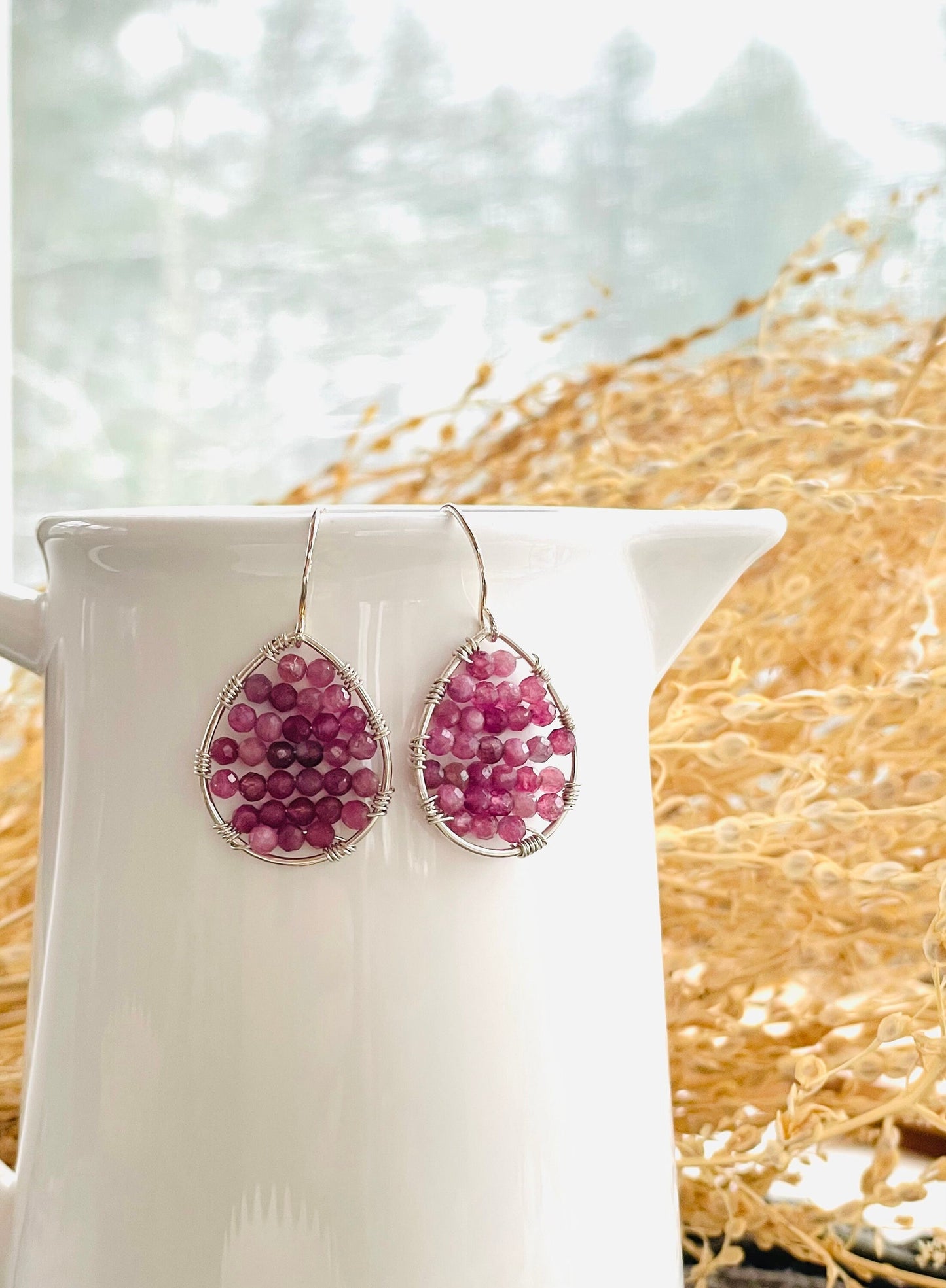 Mini Pink Tourmaline and Silver Teardrop Earrings