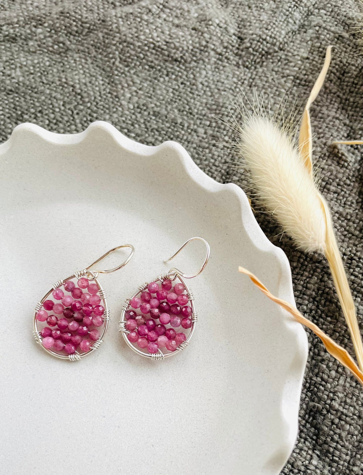 Mini Pink Tourmaline and Silver Teardrop Earrings