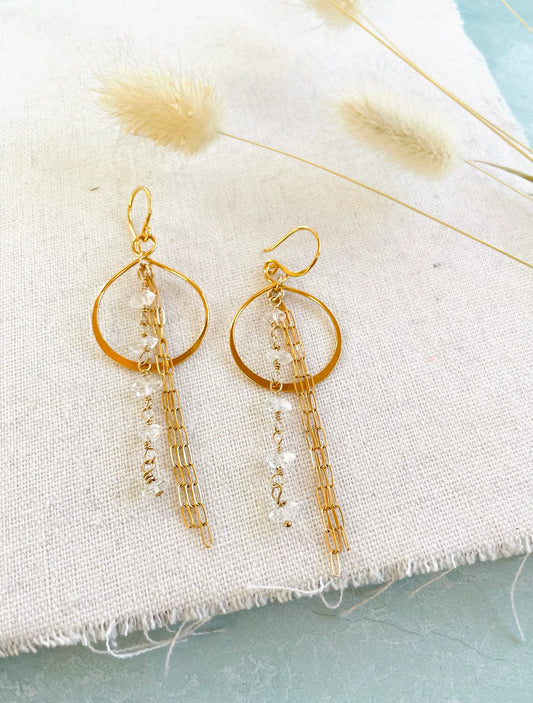 Gold Hoop Tassel Earrings with Herkimer Diamonds