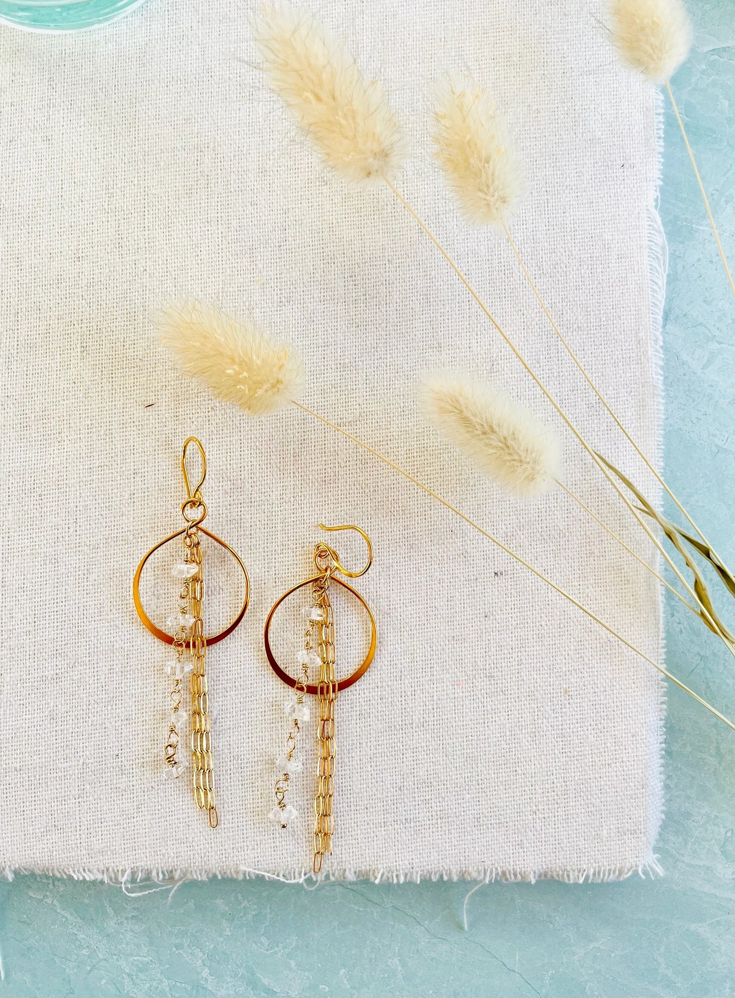 Gold Hoop Tassel Earrings with Herkimer Diamonds